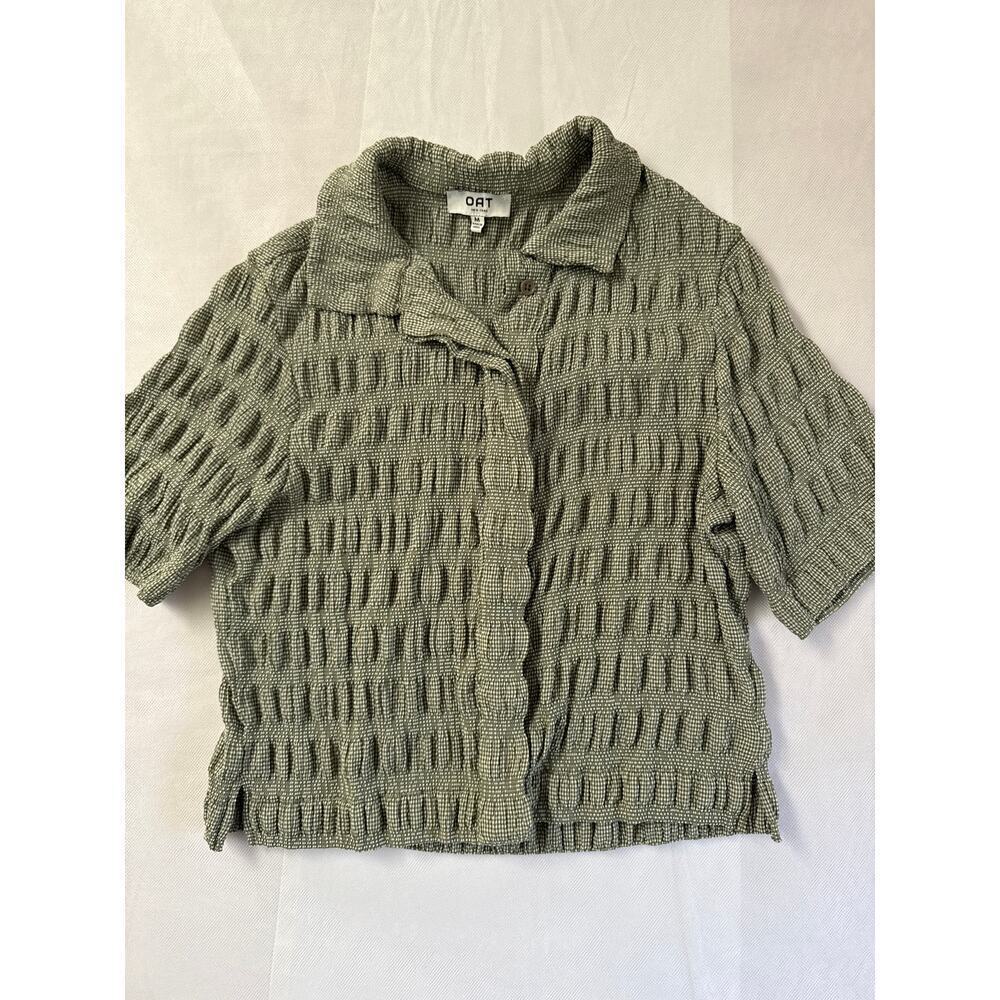 Women’s OAT Green Speckled Textured Stretchy Button up Sz M